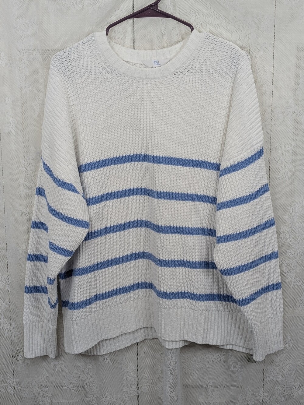 Time and Tru: Oversized Crewneck Sweater - White/Blue Stripes - Size XL